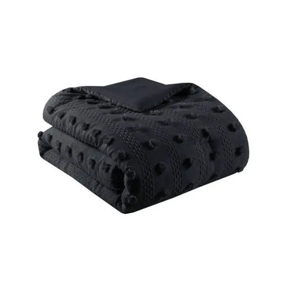 King/Cal King 3 Piece Pompom Microfiber Hypoallergenic Comforter Set in Black FastFurnishings