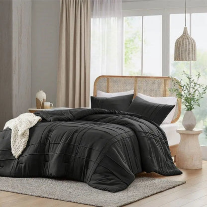 King size Pre-Washed Pleated Microfiber Comforter Set in Black FastFurnishings