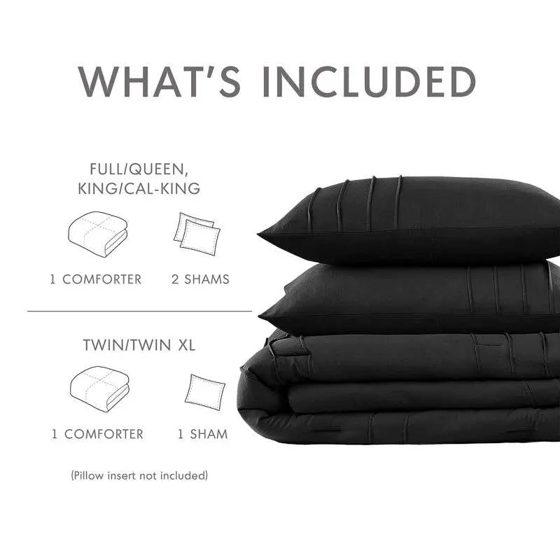 King size Pre-Washed Pleated Microfiber Comforter Set in Black FastFurnishings
