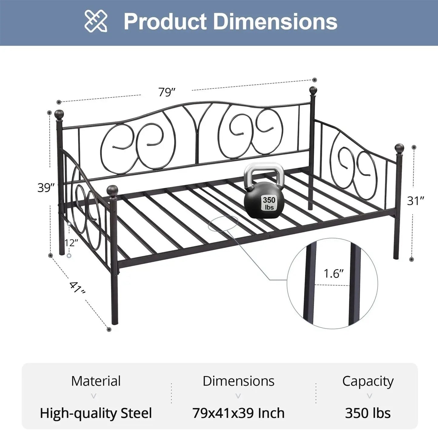 Twin size Victorian Black Metal Daybed Frame - 350 lbs. Weight Capacity FastFurnishings