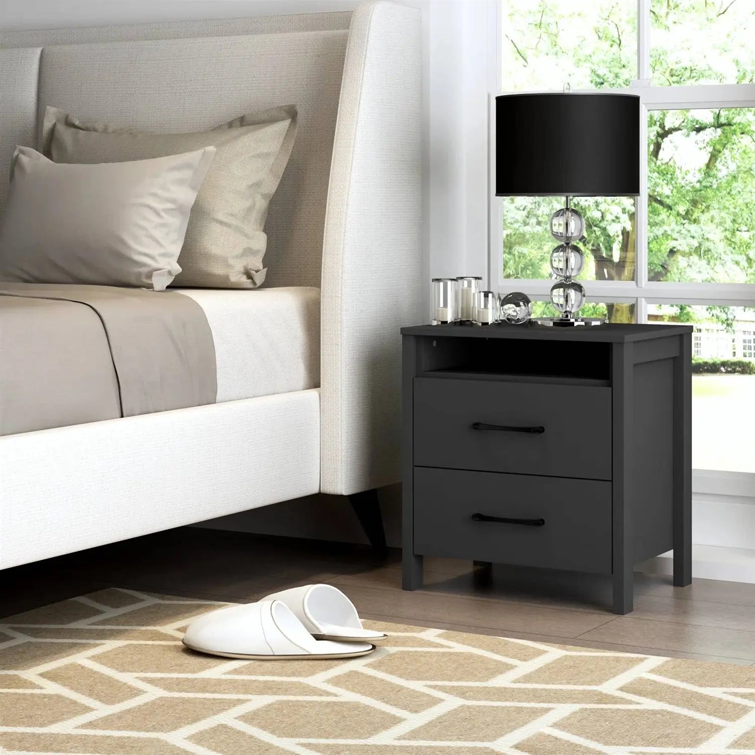 Modern 2-Drawer Nightstand Bedside Table in Black Wood Finish FastFurnishings