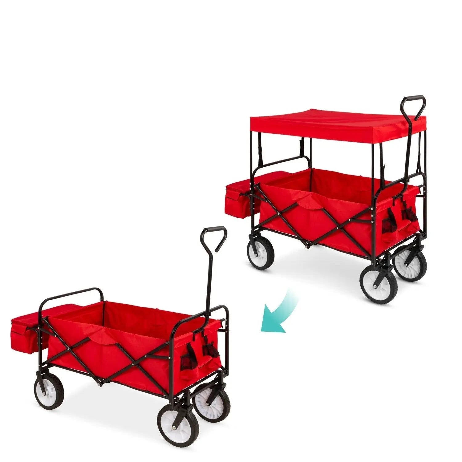 Collapsible Utility Wagon Cart Indoor/Outdoor with Canopy - Red FastFurnishings