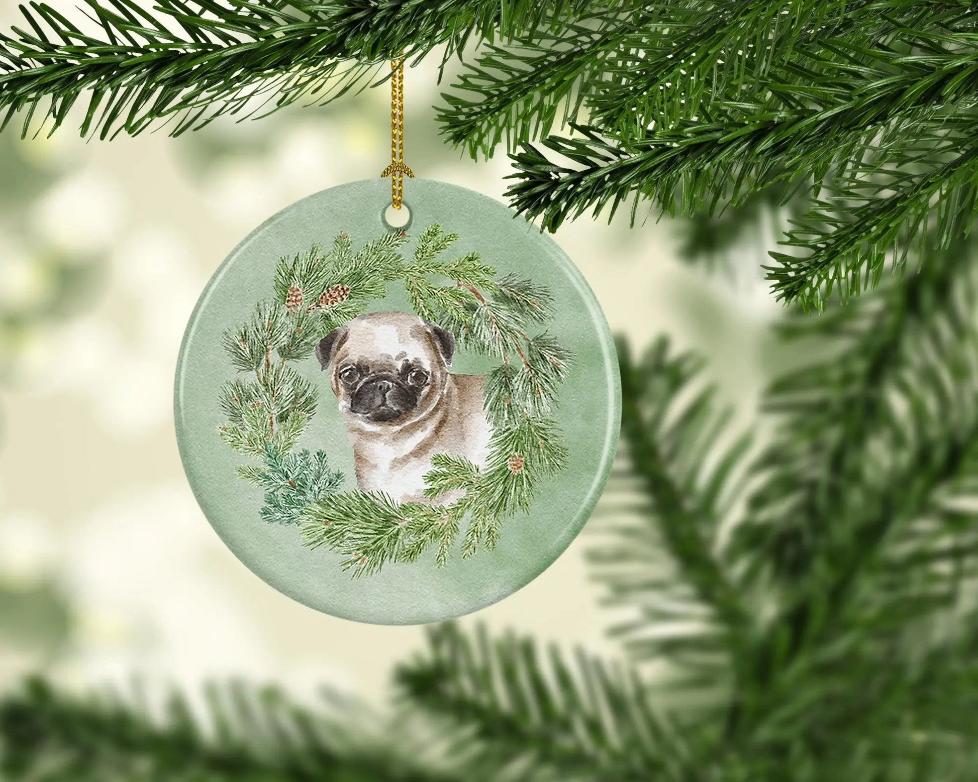 Pug Puppy Fawn Christmas Wreath Ceramic Ornament-1