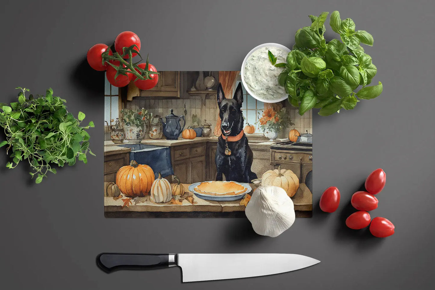 Belgian Malinois Fall Kitchen Pumpkins Glass Cutting Board Caroline's Treasures