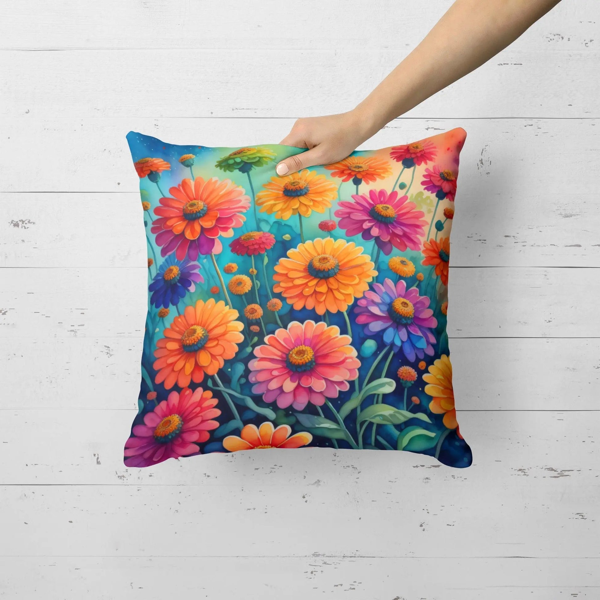Colorful Zinnias Throw Pillow - Vivid Treasure Zone