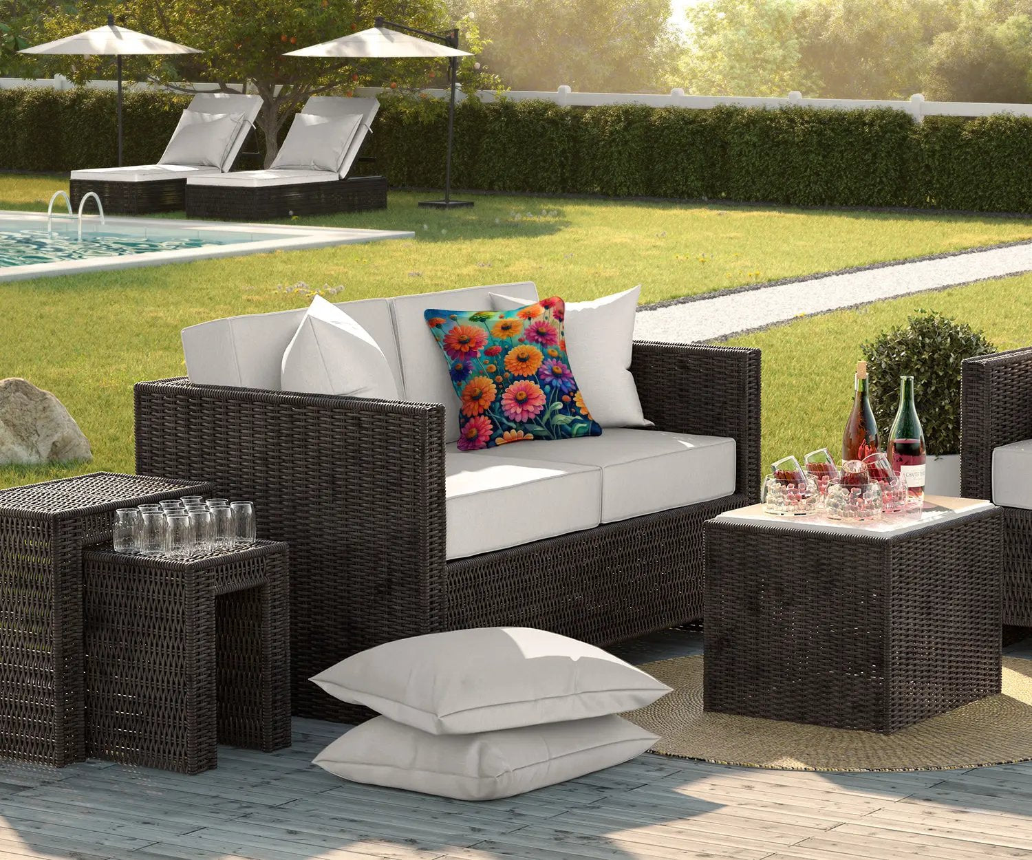 Colorful Zinnias Throw Pillow - Vivid Treasure Zone