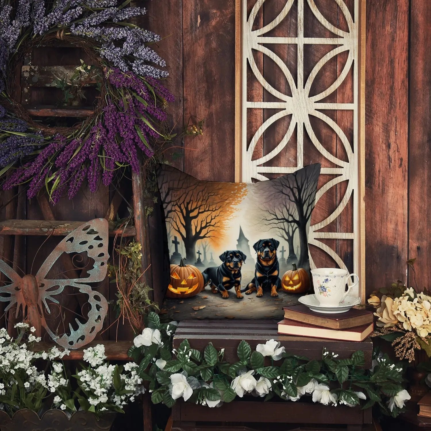 Rottweiler Spooky Halloween Throw Pillow - Vivid Treasure Zone