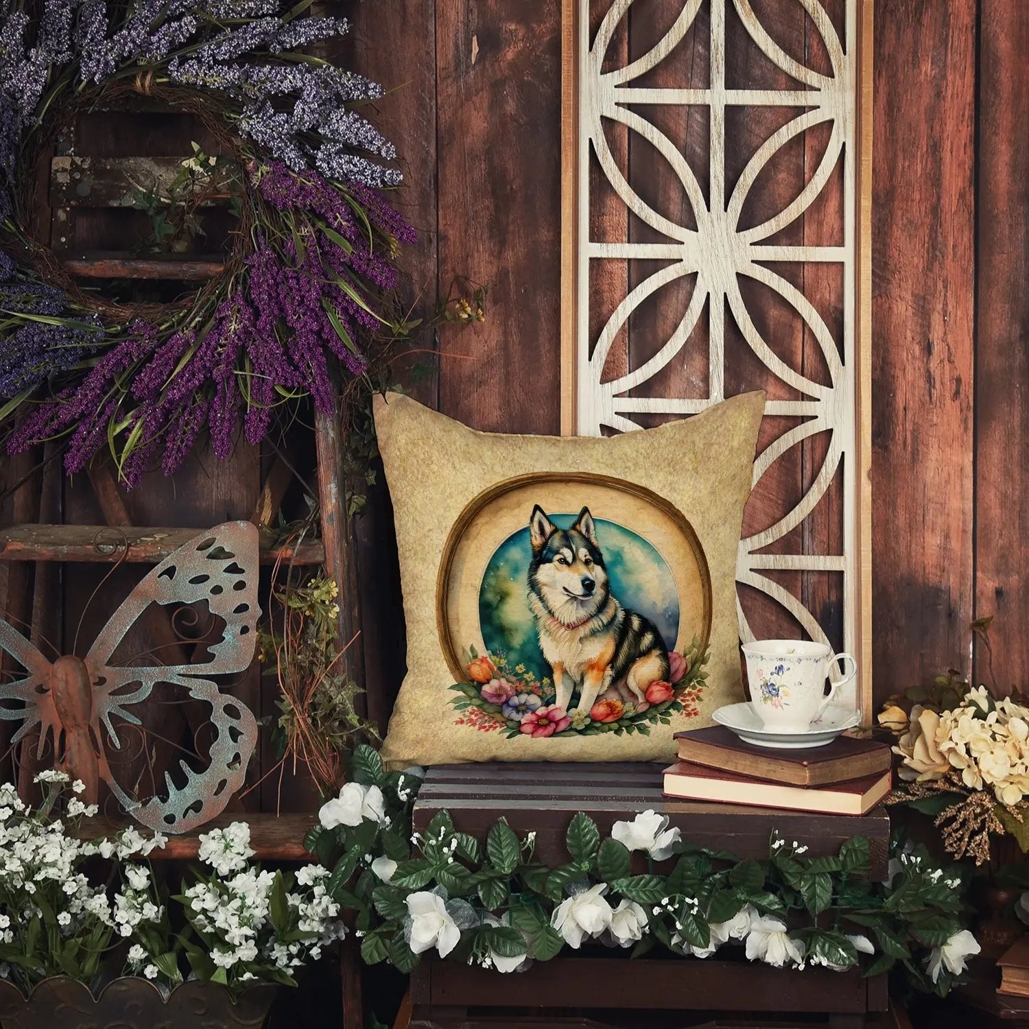 Alaskan Malamute and Flowers Throw Pillow Caroline's Treasures