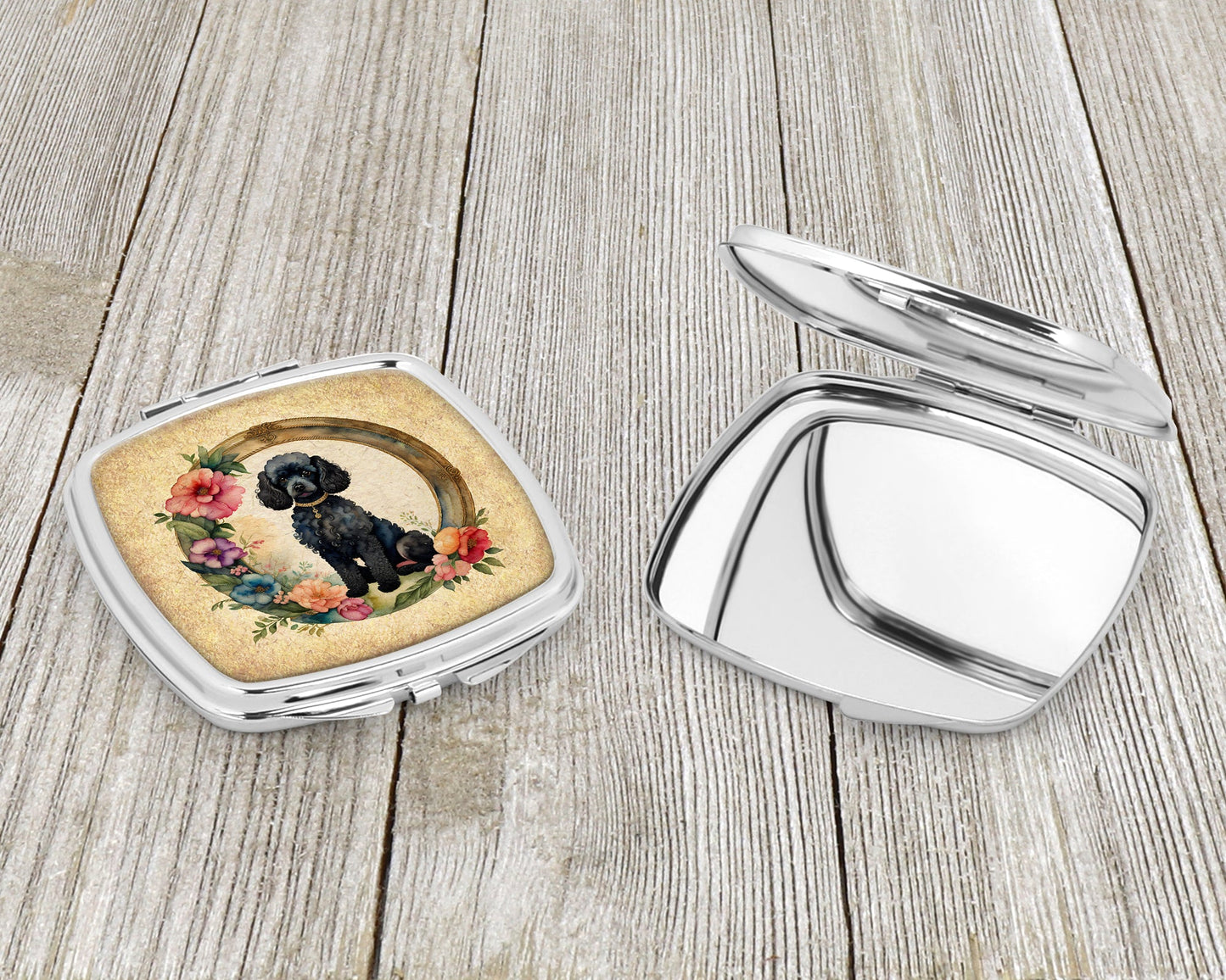 Black Poodle and Flowers Compact Mirror Caroline's Treasures