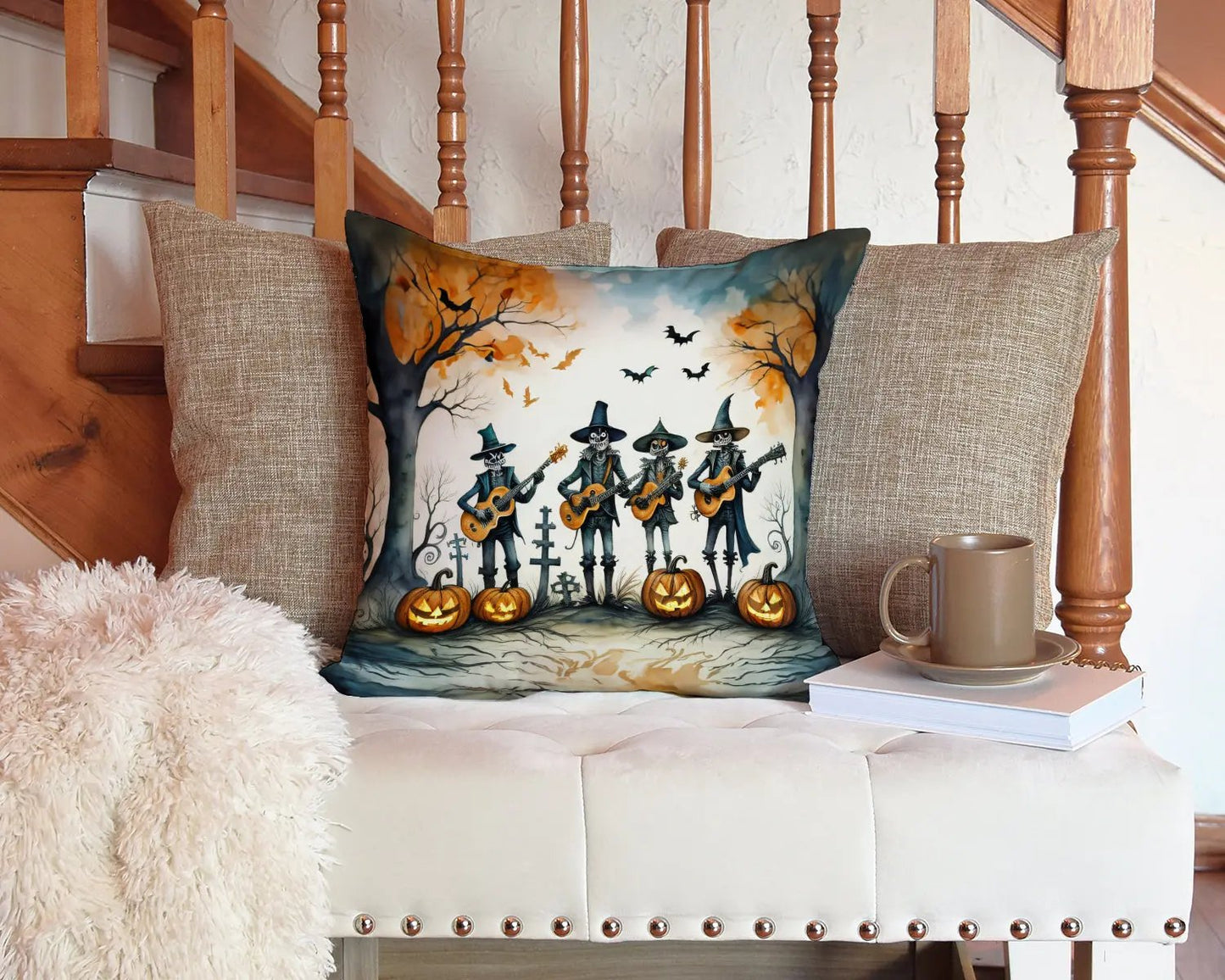 Mariachi Skeleton Band Spooky Halloween Throw Pillow-2