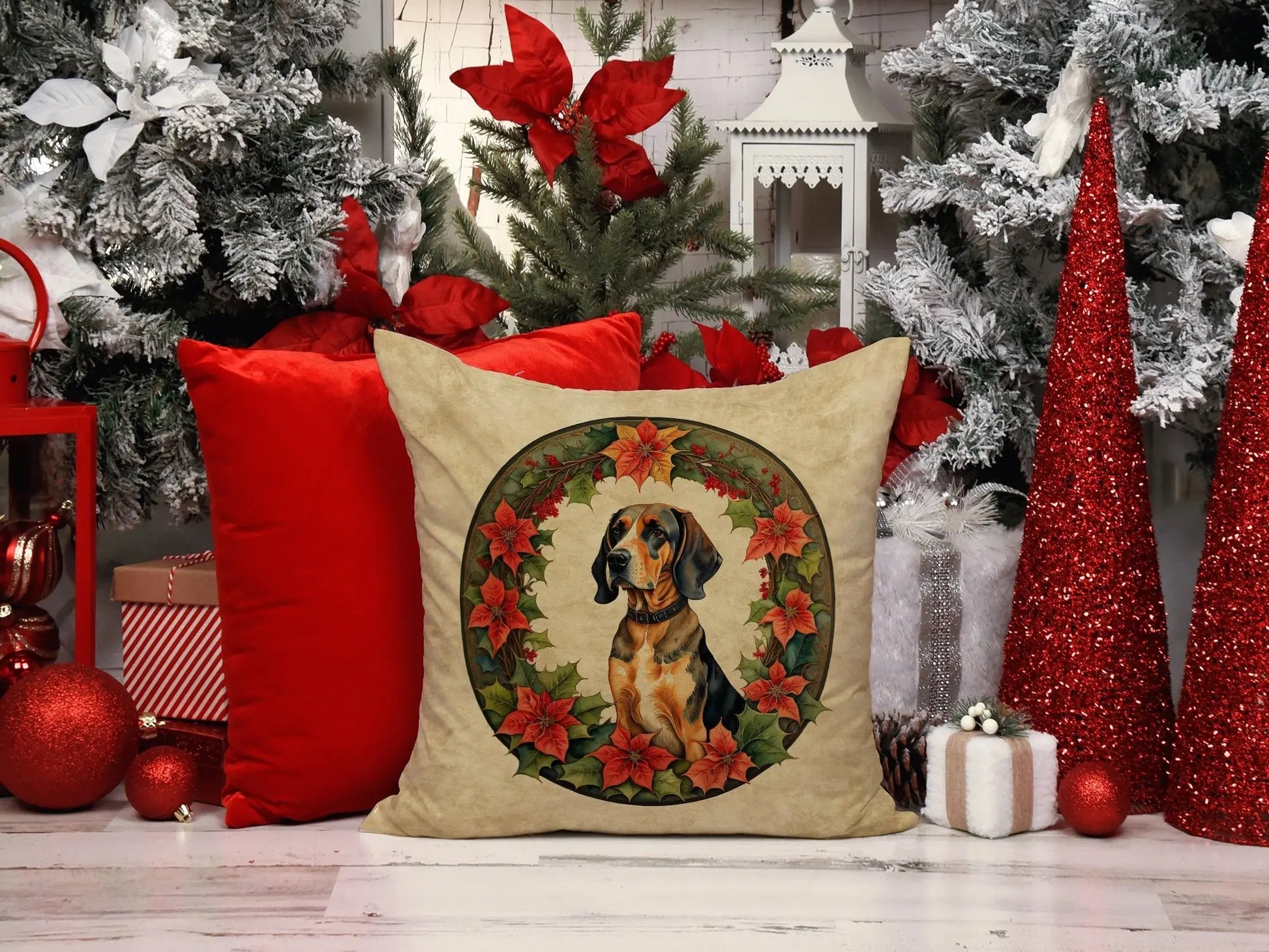 American English Coonhound Christmas Flowers Throw Pillow Caroline's Treasures