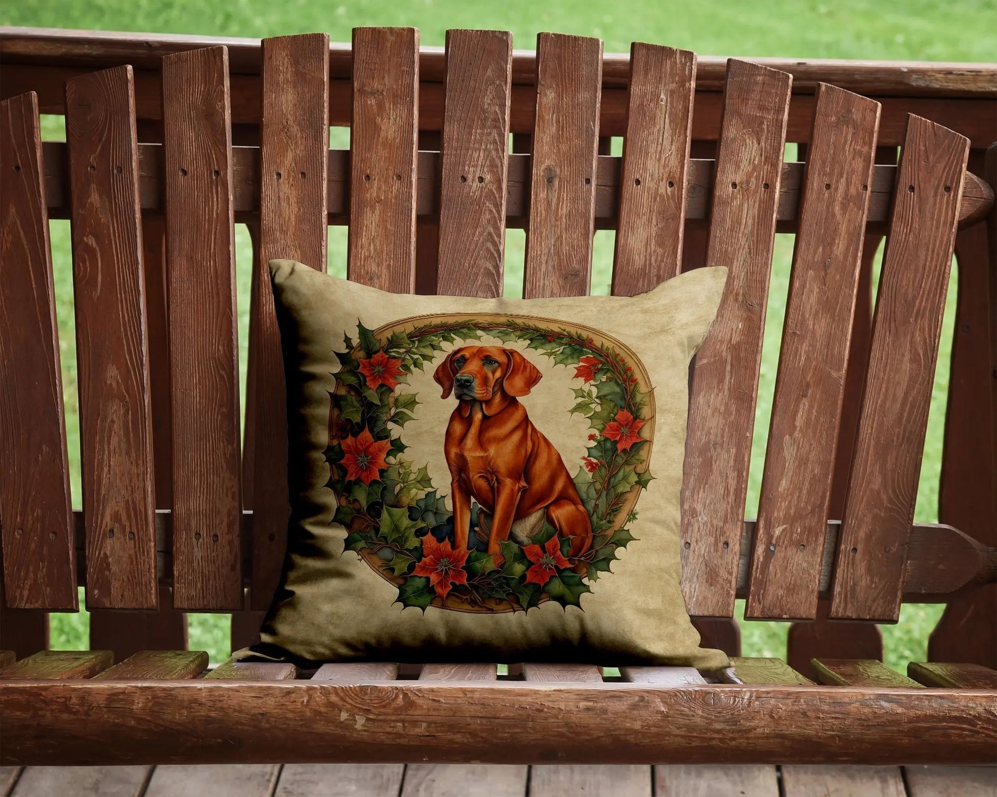Red Redbone Coonhound Christmas Flowers Throw Pillow - Vivid Treasure Zone