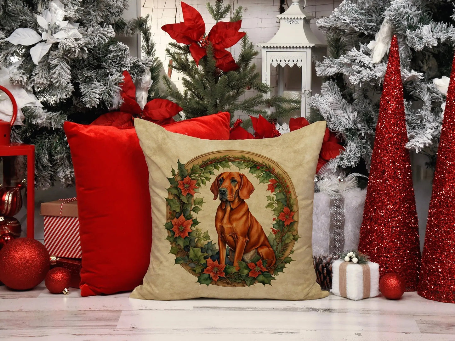 Red Redbone Coonhound Christmas Flowers Throw Pillow - Vivid Treasure Zone