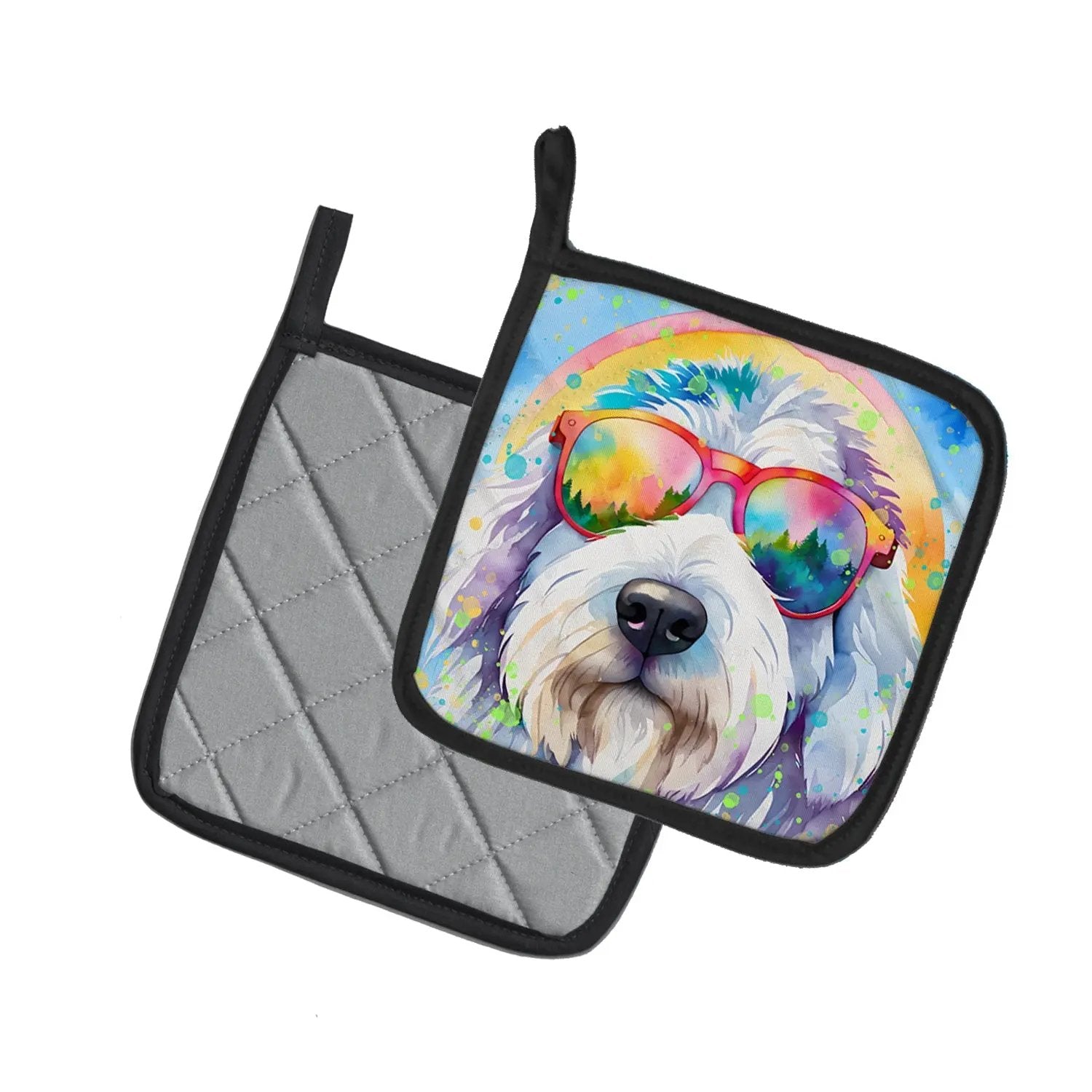 Old English Sheepdog Hippie Dawg Pair of Pot Holders-1