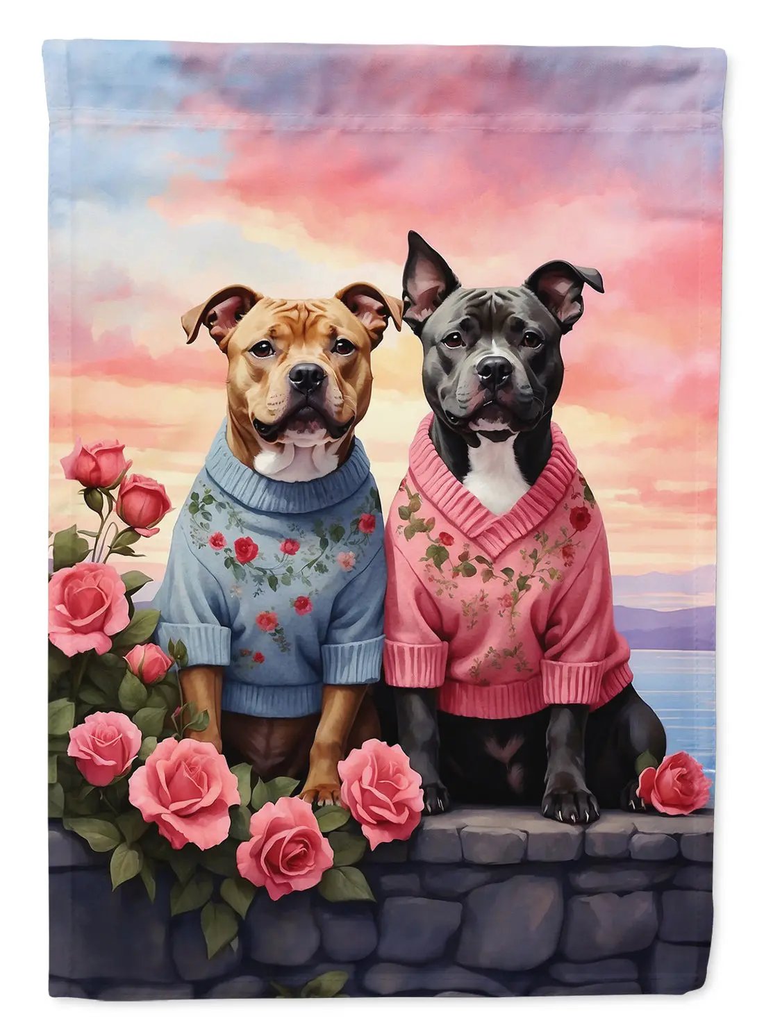 Staffordshire Bull Terrier Two Hearts Garden Flag - Vivid Treasure Zone