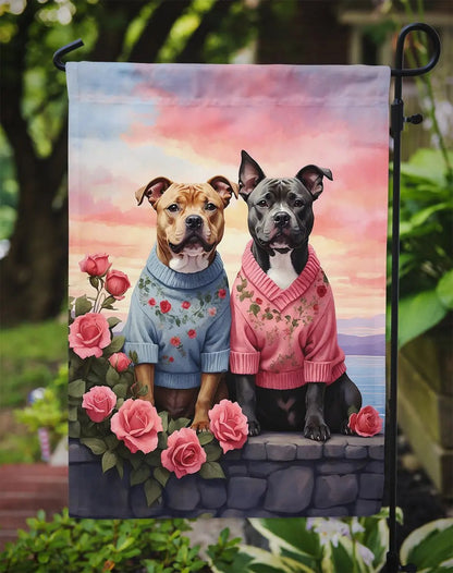 Staffordshire Bull Terrier Two Hearts Garden Flag - Vivid Treasure Zone
