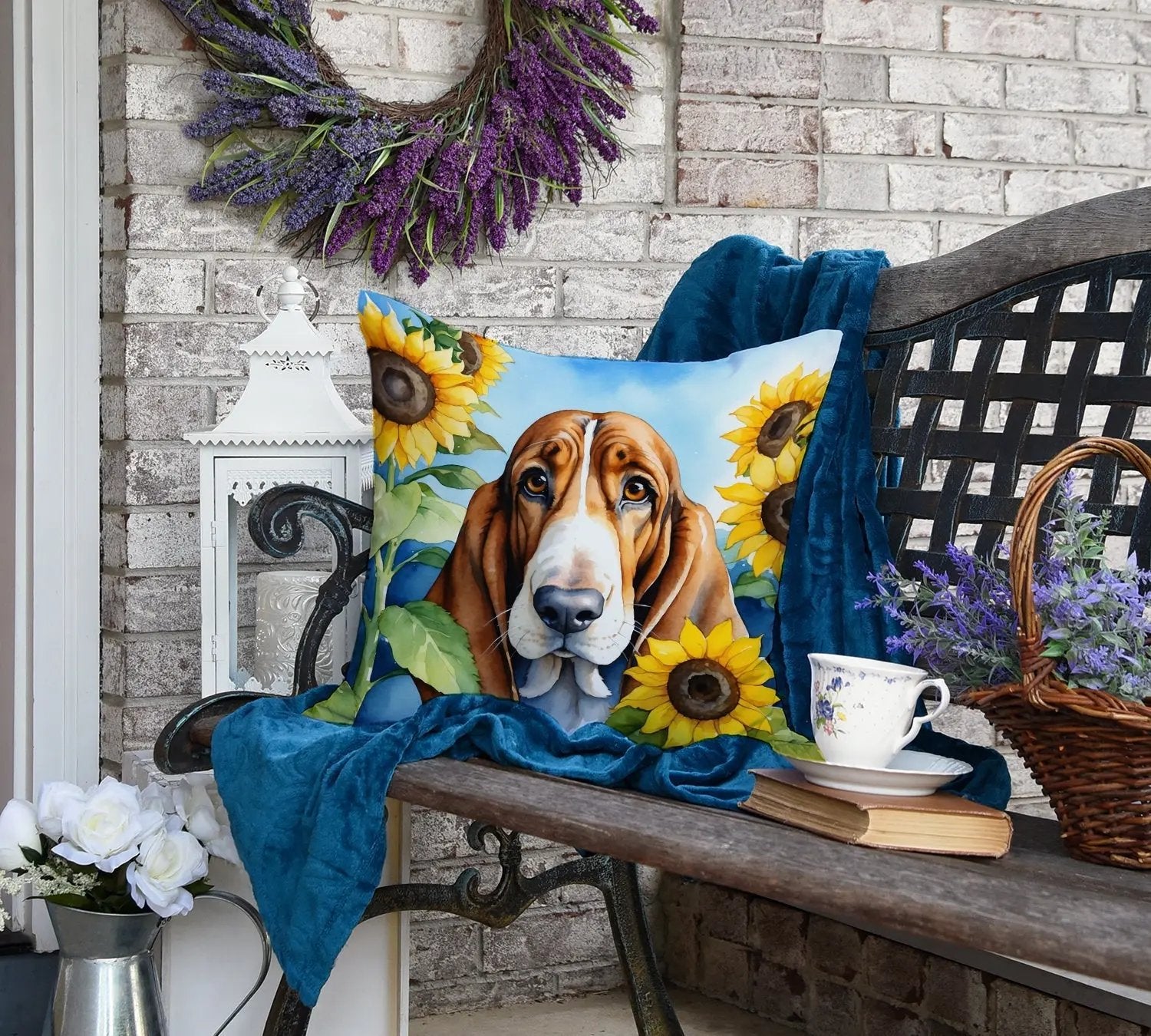 Basset Hound in Sunflowers Throw Pillow Caroline's Treasures