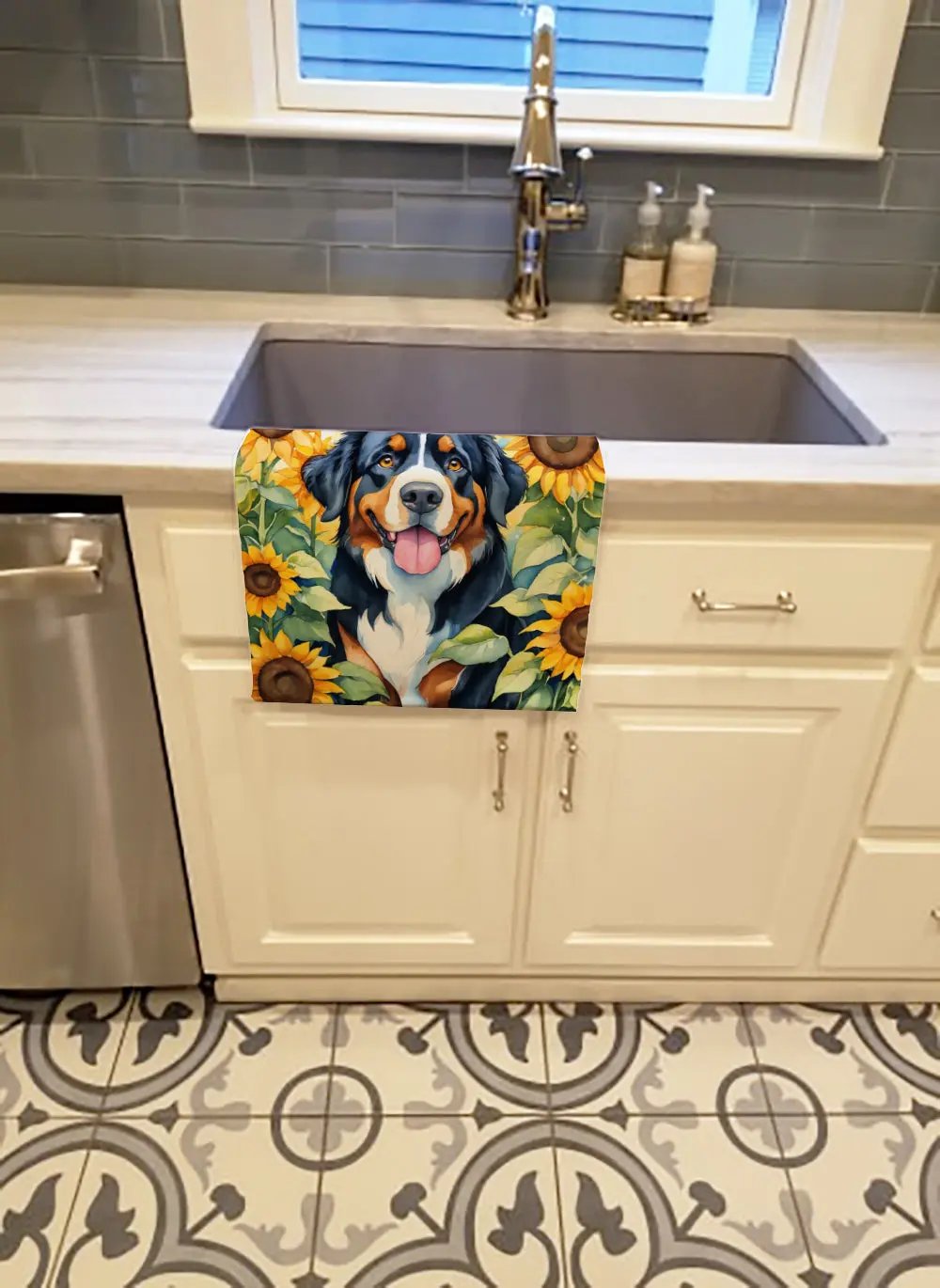 Bernese Mountain Dog in Sunflowers Kitchen Towel - Vivid Treasure Zone