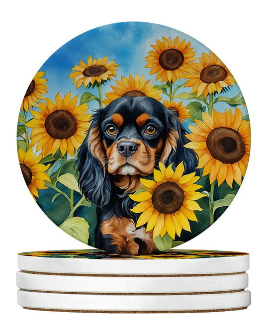 Cavalier Spaniel in Sunflowers Large Sandstone Coasters Pack of 4-0