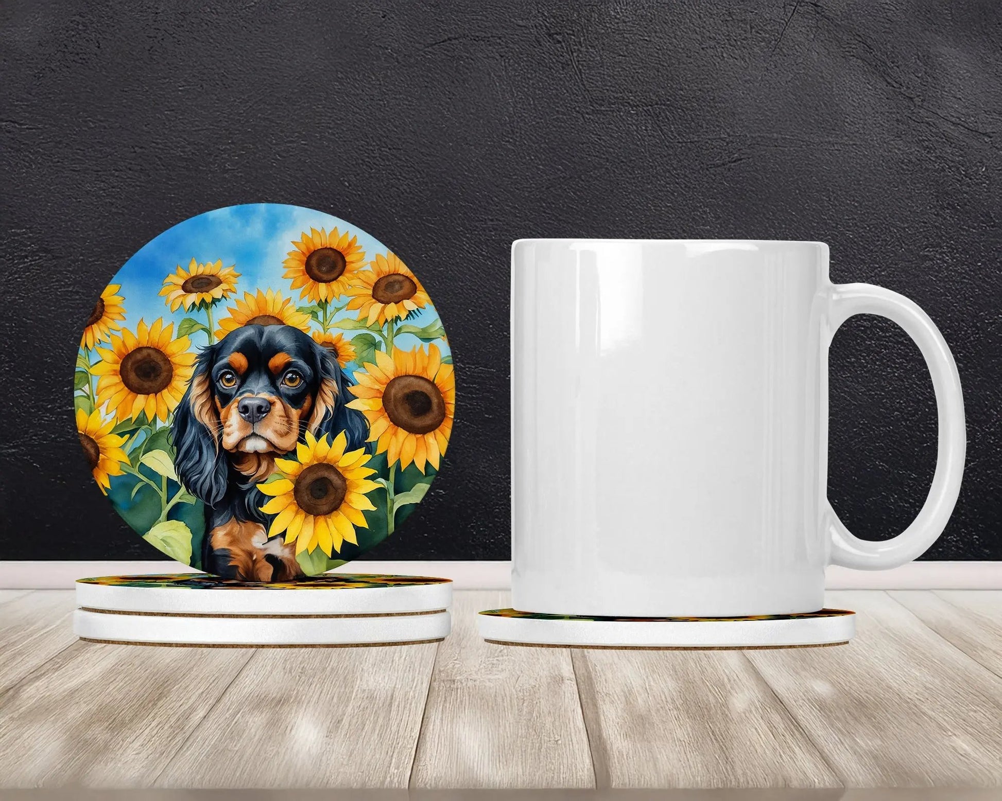 Cavalier Spaniel in Sunflowers Large Sandstone Coasters Pack of 4-1