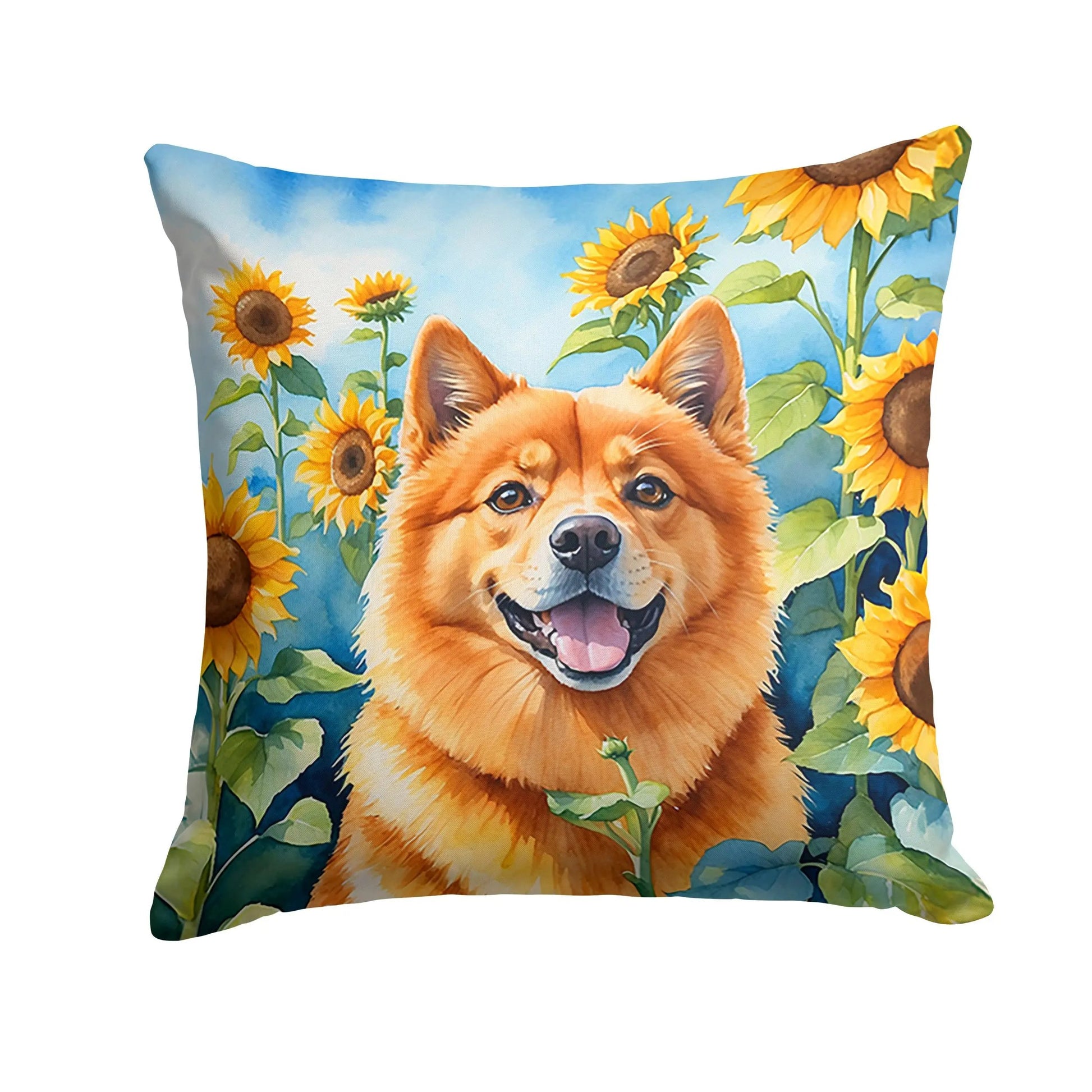 Finnish Spitz in Sunflowers Throw Pillow-0