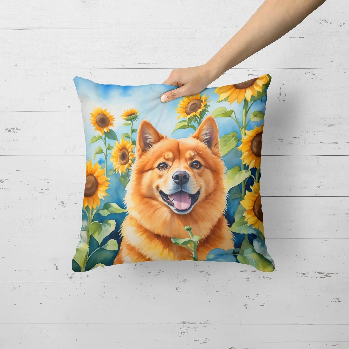 Finnish Spitz in Sunflowers Throw Pillow-1