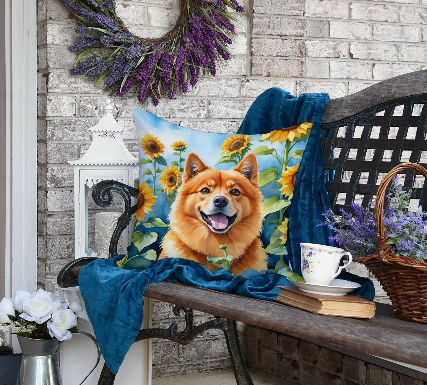 Finnish Spitz in Sunflowers Throw Pillow-3