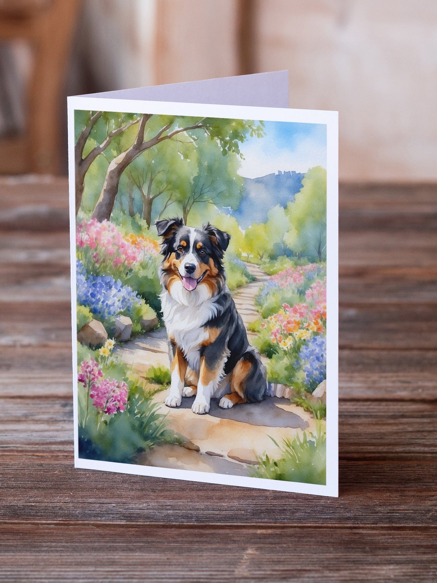 Australian Shepherd Spring Garden Greeting Cards Pack of 8 Caroline's Treasures