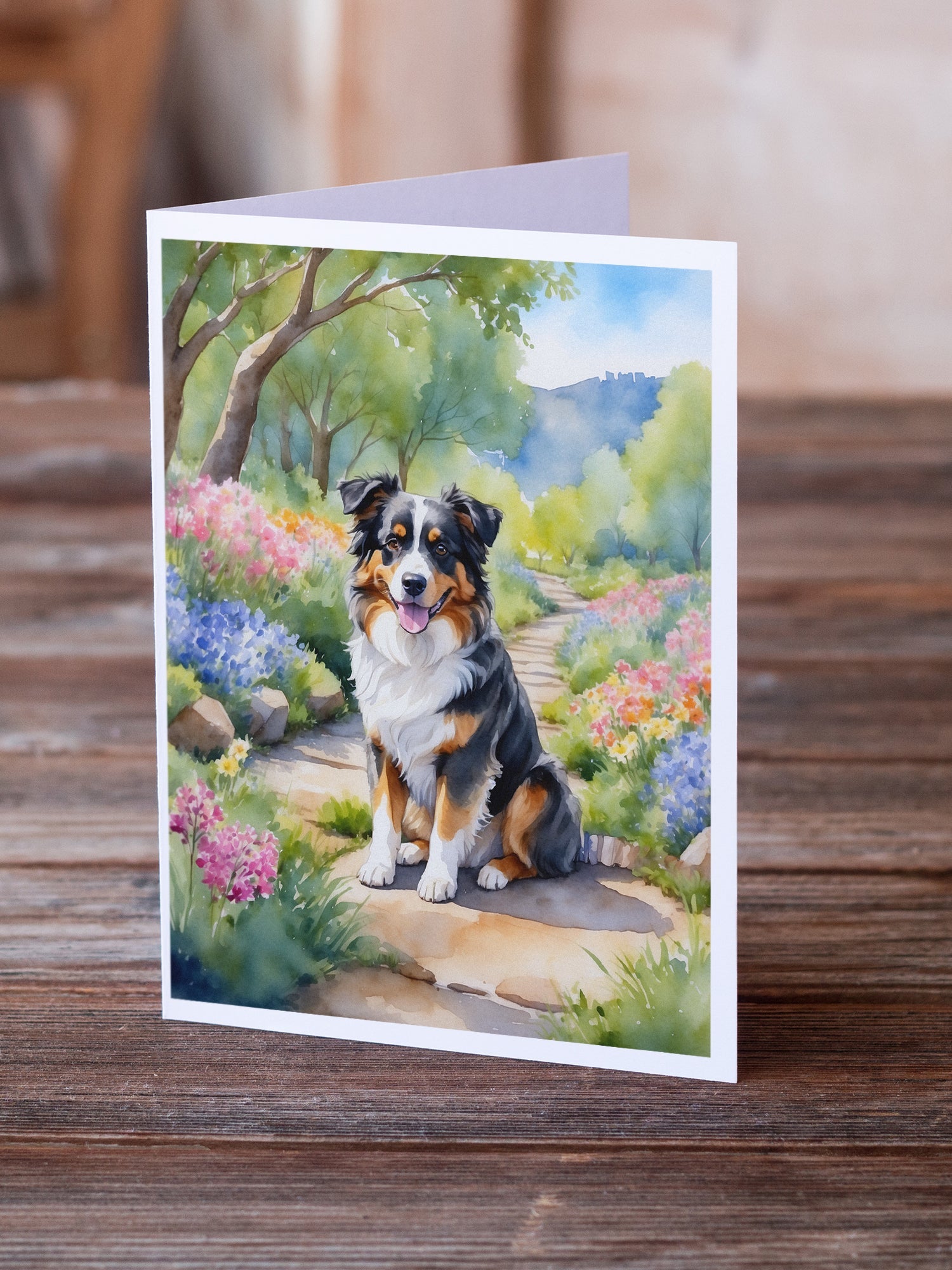 Australian Shepherd Spring Garden Greeting Cards Pack of 8 Caroline's Treasures
