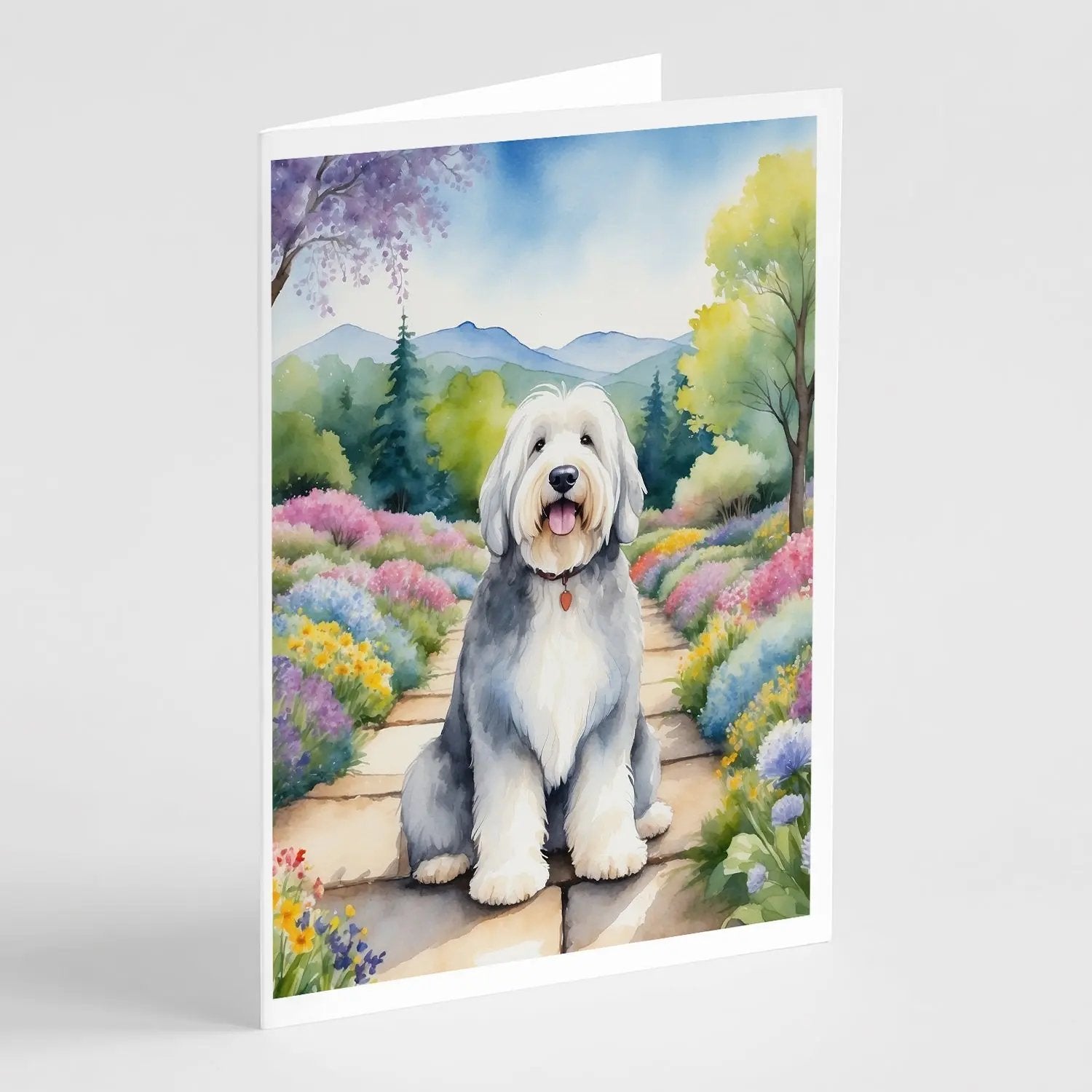 Old English Sheepdog Spring Path Greeting Cards Pack of 8-0