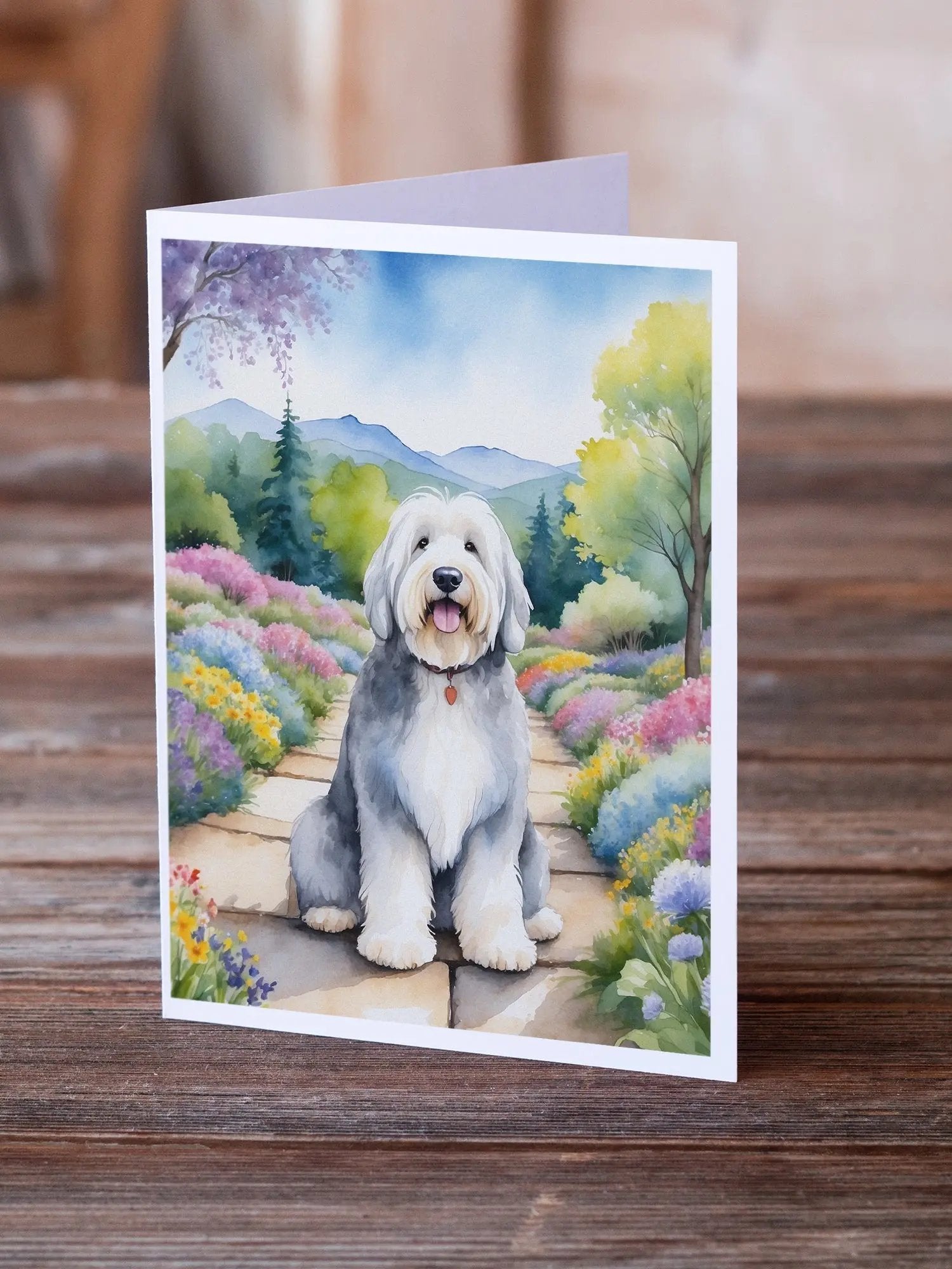 Old English Sheepdog Spring Path Greeting Cards Pack of 8-1