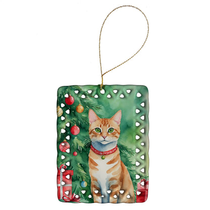 Arabian Mau Cat By the Christmas Tree Porcelain Ornament Caroline's Treasures