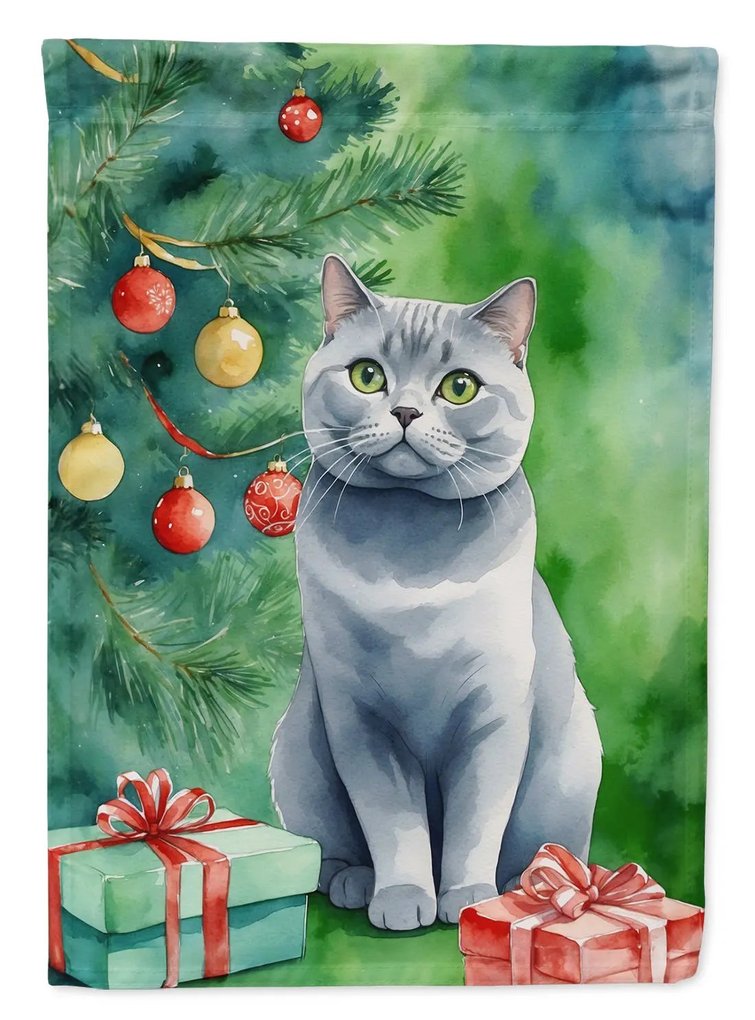 British Shorthair Cat By the Christmas Tree Garden Flag - Vivid Treasure Zone