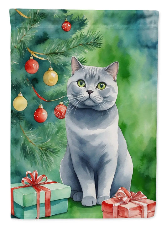 British Shorthair Cat By the Christmas Tree Garden Flag - Vivid Treasure Zone