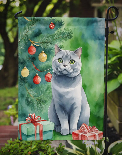 British Shorthair Cat By the Christmas Tree Garden Flag - Vivid Treasure Zone