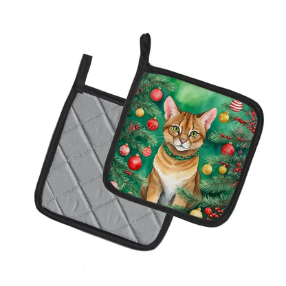 Chausie Cat By the Christmas Tree Pair of Pot Holders-1