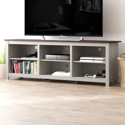 Farmhouse TV Stand in Grey Oak with Brown Wood Finish Top for TVs up to 70-inch FastFurnishings