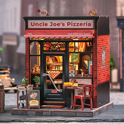 Uncle Joe's Pizzeria Dollhouse Kit - Miniature Wizardi Roombox Kit with LED Light F07M51-92-CWGC210 Wizardi