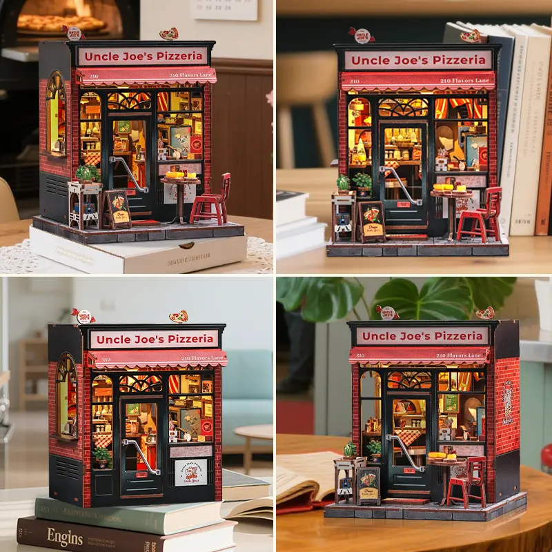 Uncle Joe's Pizzeria Dollhouse Kit - Miniature Wizardi Roombox Kit with LED Light F07M51-92-CWGC210 Wizardi