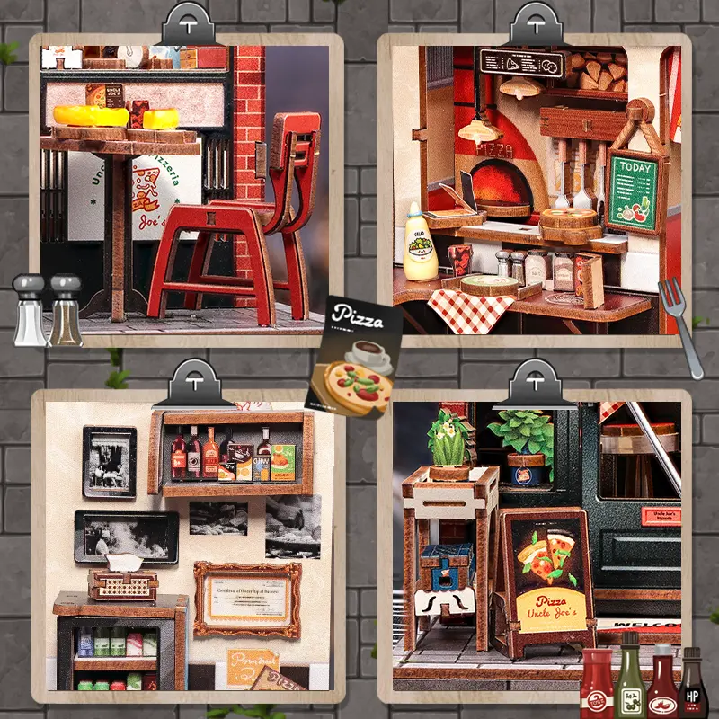 Uncle Joe's Pizzeria Dollhouse Kit - Miniature Wizardi Roombox Kit with LED Light F07M51-92-CWGC210 Wizardi