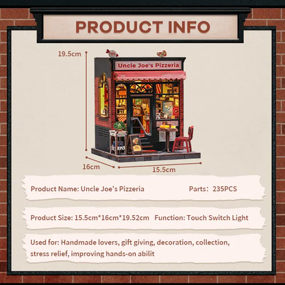 Uncle Joe's Pizzeria Dollhouse Kit - Miniature Wizardi Roombox Kit with LED Light F07M51-92-CWGC210 Wizardi
