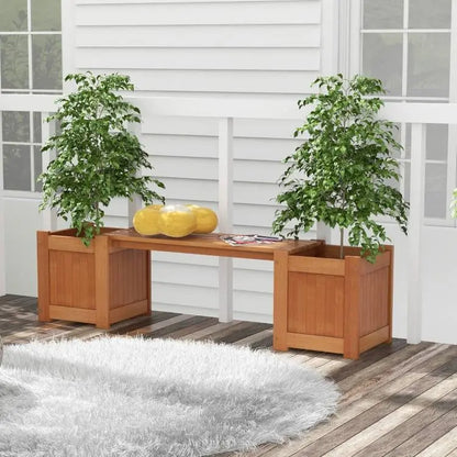 Farmhouse Durable Outdoor Wooden Planter Box with Garden Bench FastFurnishings