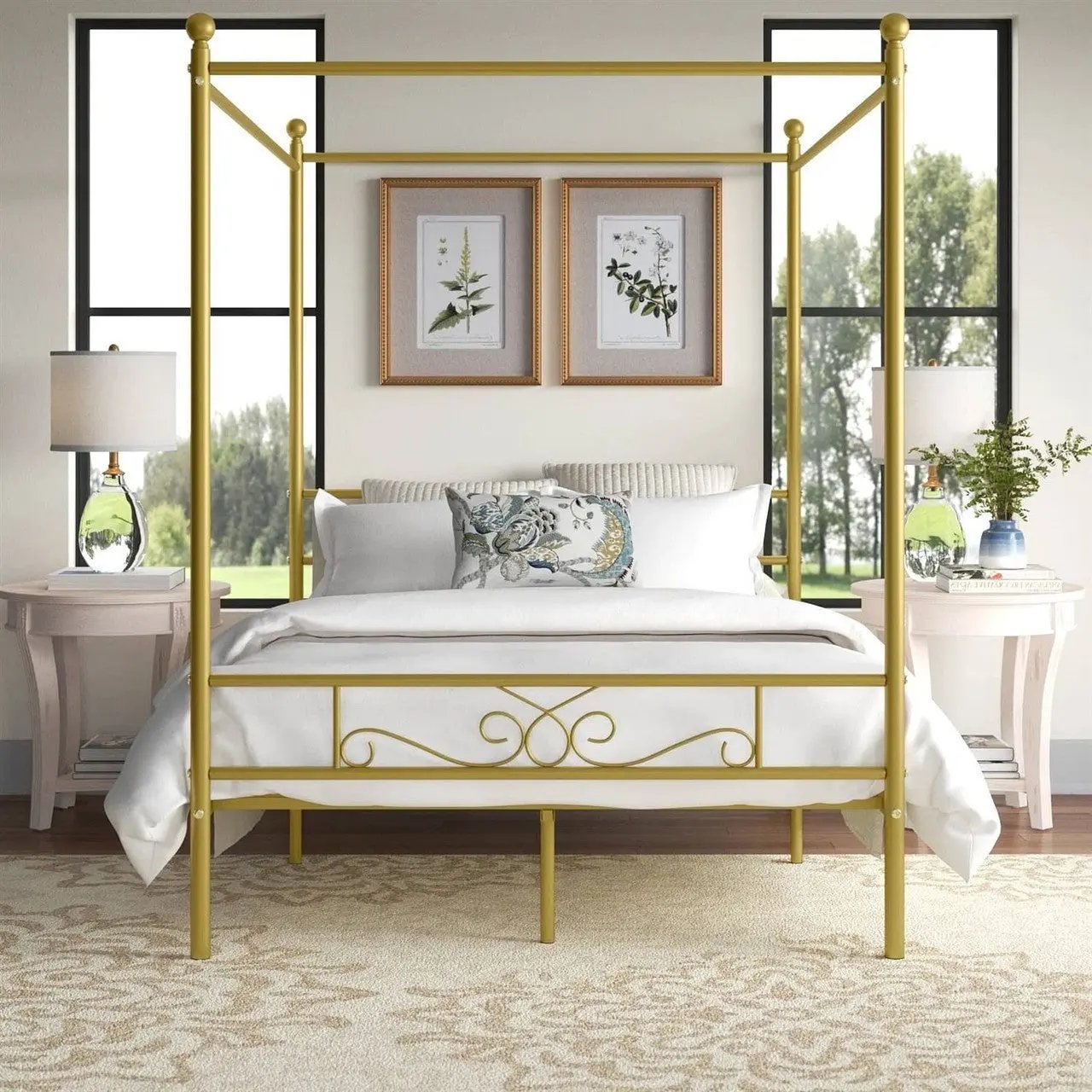 Full size French Country Four Poster Metal Canopy Bed in Gold Finish Unbranded