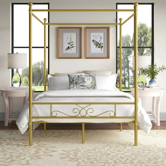 Full size French Country Four Poster Metal Canopy Bed in Gold Finish Unbranded