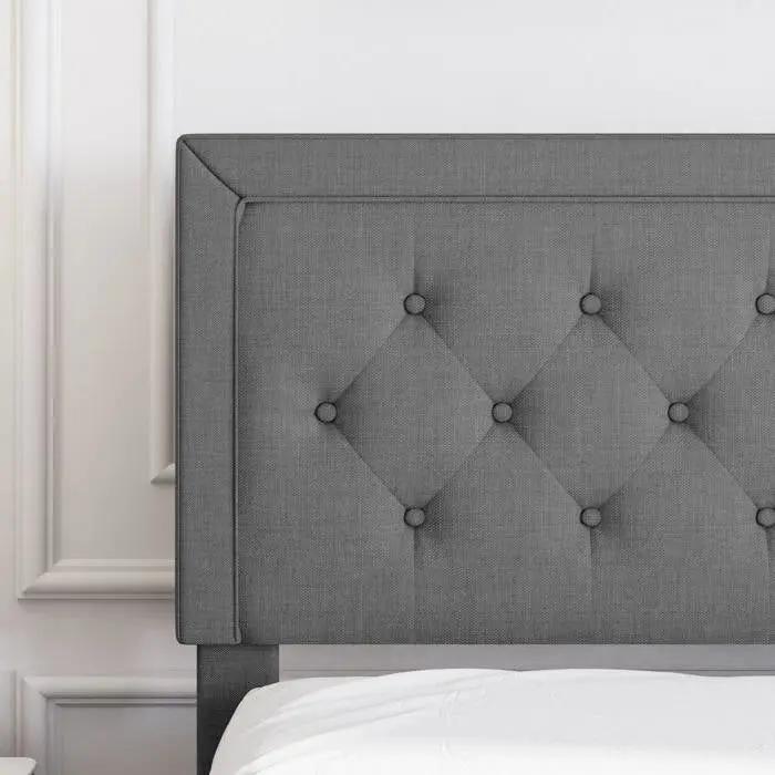 Full Size Dark Grey Linen Upholstered Platform Bed with Button-Tufted Headboard FastFurnishings