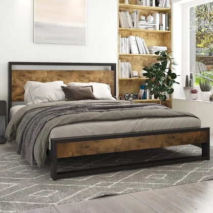 Full Modern Farmhouse Platform Bed Frame with Wood Panel Headboard Footboard FastFurnishings