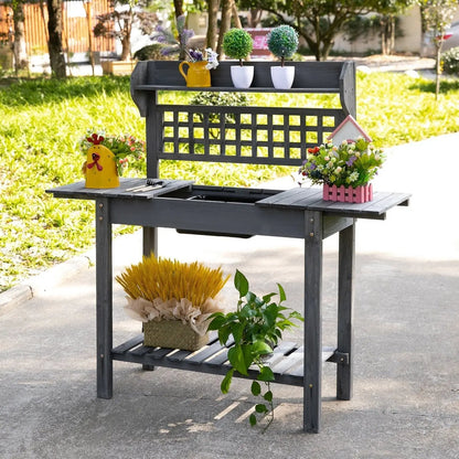 Outdoor Grey Wood Potting Bench Expandable Top with Food Grade Plastic Sink-1