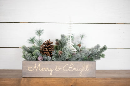 Merry + Bright Christmas Centerpiece, Engraved Wood Box with Christmas Greenery-0