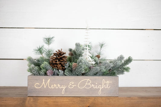Merry + Bright Christmas Centerpiece, Engraved Wood Box with Christmas Greenery-0