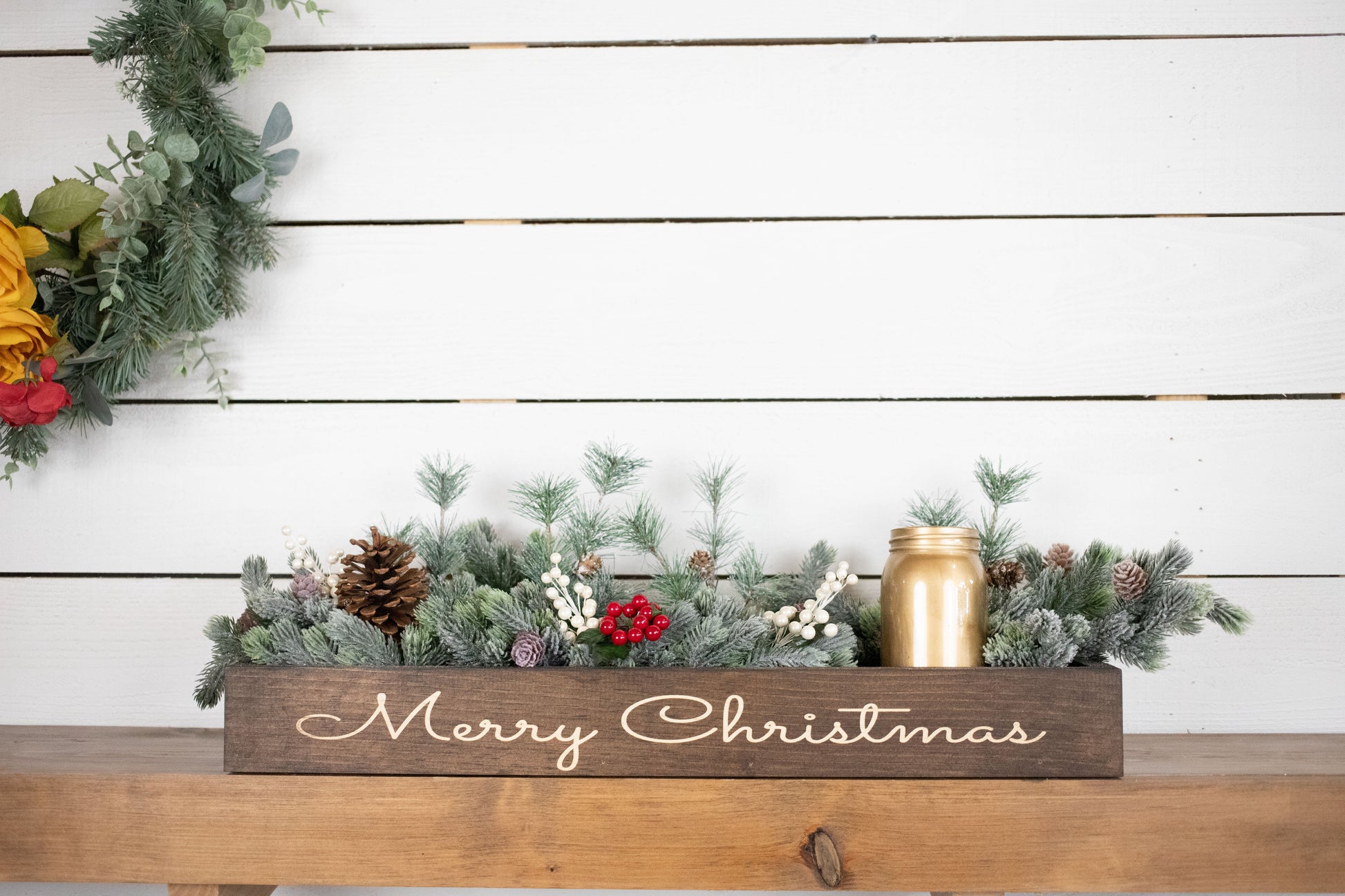 Merry + Bright Christmas Centerpiece, Engraved Wood Box with Christmas Greenery-3
